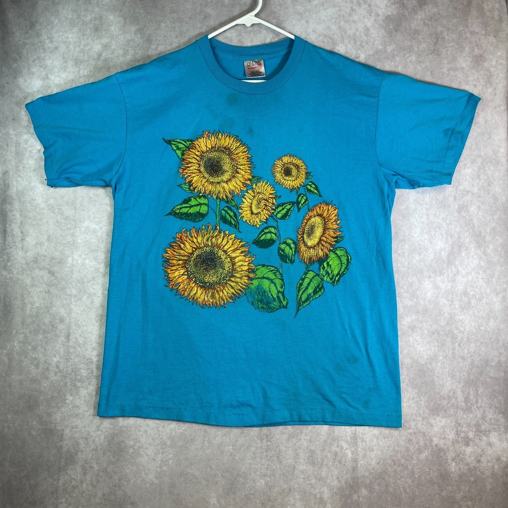 VINTAGE Sunflower Shirt Adult XL Blue Single Stitch Nature Flowers USA Made 90s